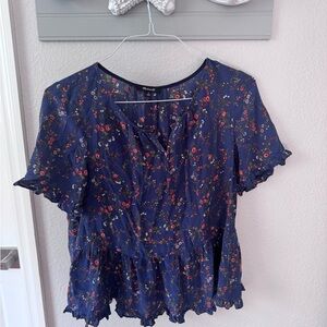 Madewell Navy Floral Ruffle Peplum Blouse